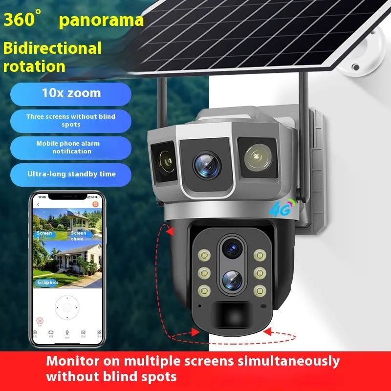 V380 4G outdoor security camera with solar panel showing three-screen monitor display
