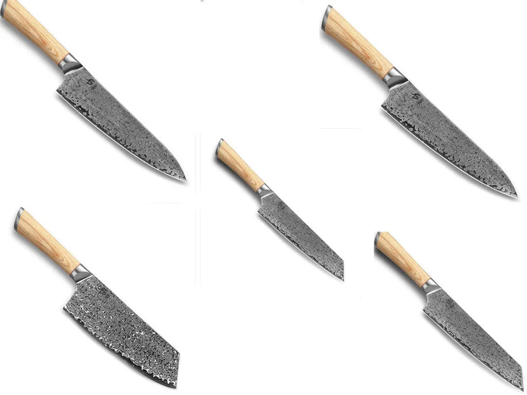 Damascus 12-piece kitchen knife set showing layered steel pattern on various blade sizes from 3.5-inch to 9-inch