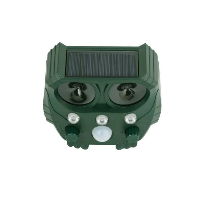 Green solar-powered ultrasonic animal repeller with motion sensor for outdoor pest control.