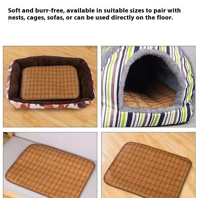 Brown woven rattan fibre dog cooling mat on a floor, shown in a large size.