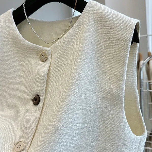 Women's French-style round neck sleeveless vest dress in polyester fabric, shown in Milky White colour
