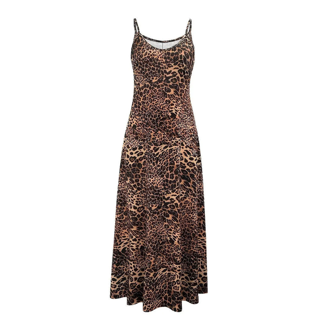 Dark brown leopard print casual dress with sleeveless round neck and shoulder strap design
