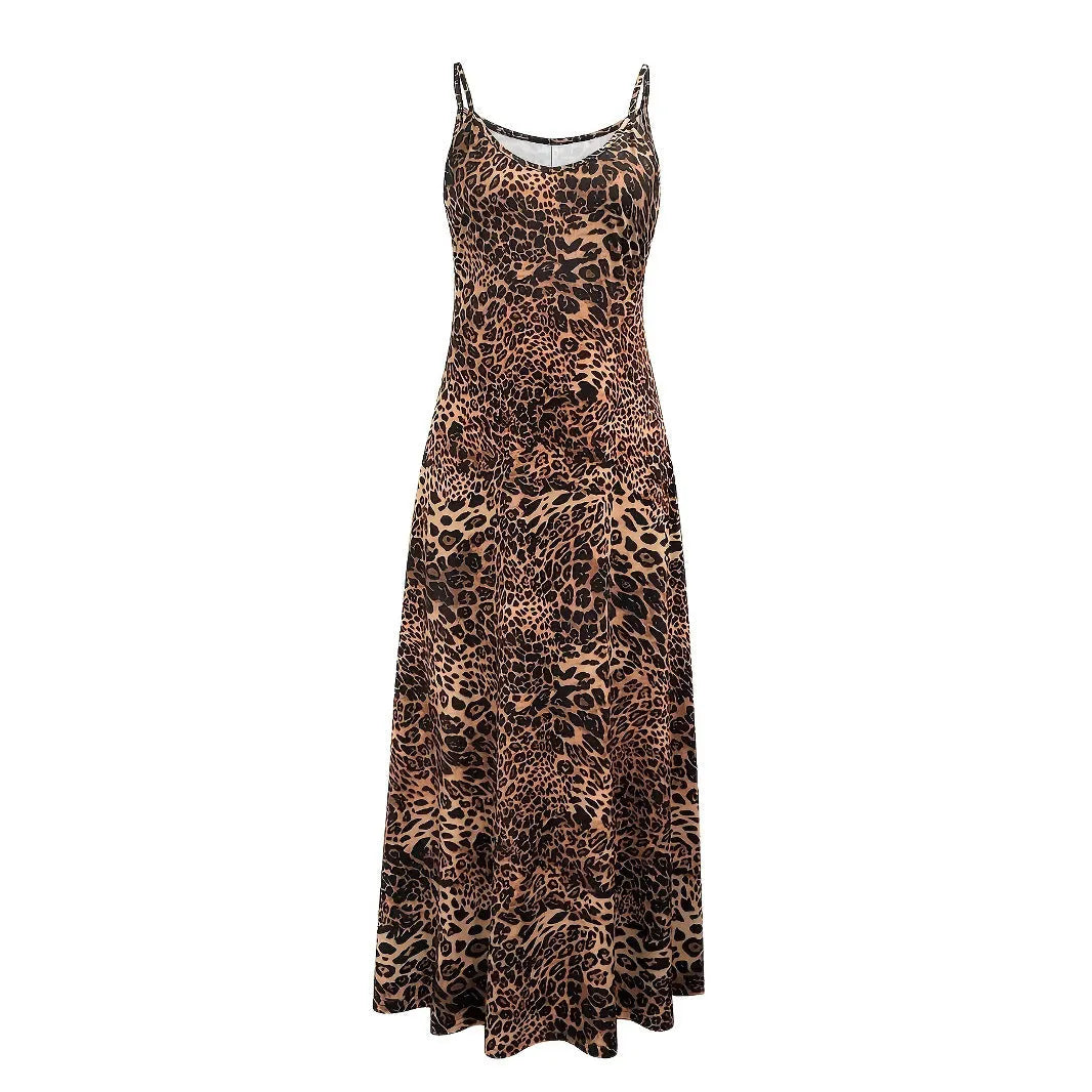 Dark brown leopard print casual dress with sleeveless round neck and shoulder strap design