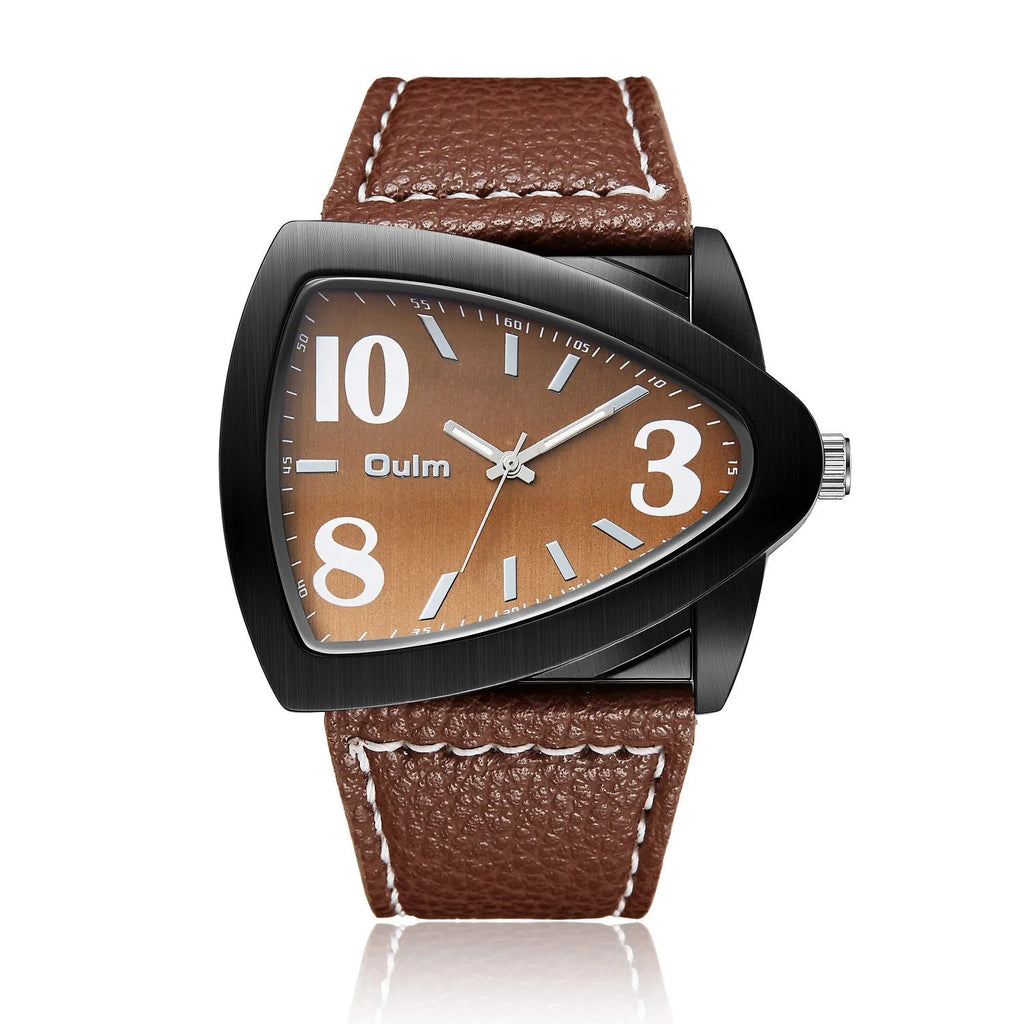 Men's casual watch with triangle belt strap in brown, shown from the side highlighting its 9mm thickness.