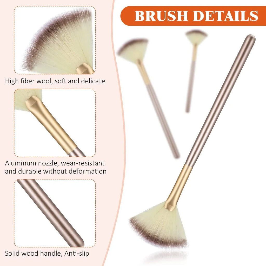 Set of 10 professional facial fan brushes with champagne finish and acrylic handles on a table.