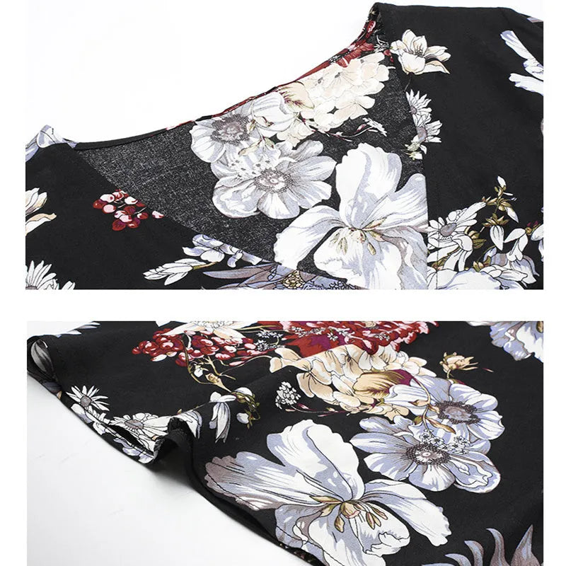 Yellow floral print women's summer dress with V-neck, short sleeves, and elasticated waist