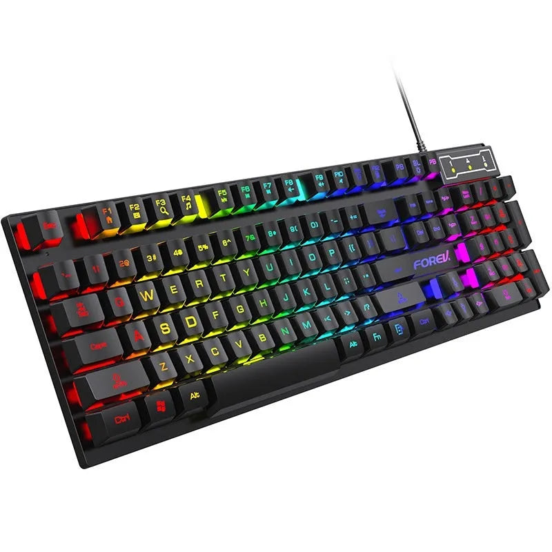 Black 104-key backlit gaming keyboard and mouse with compact 37.5cm width design