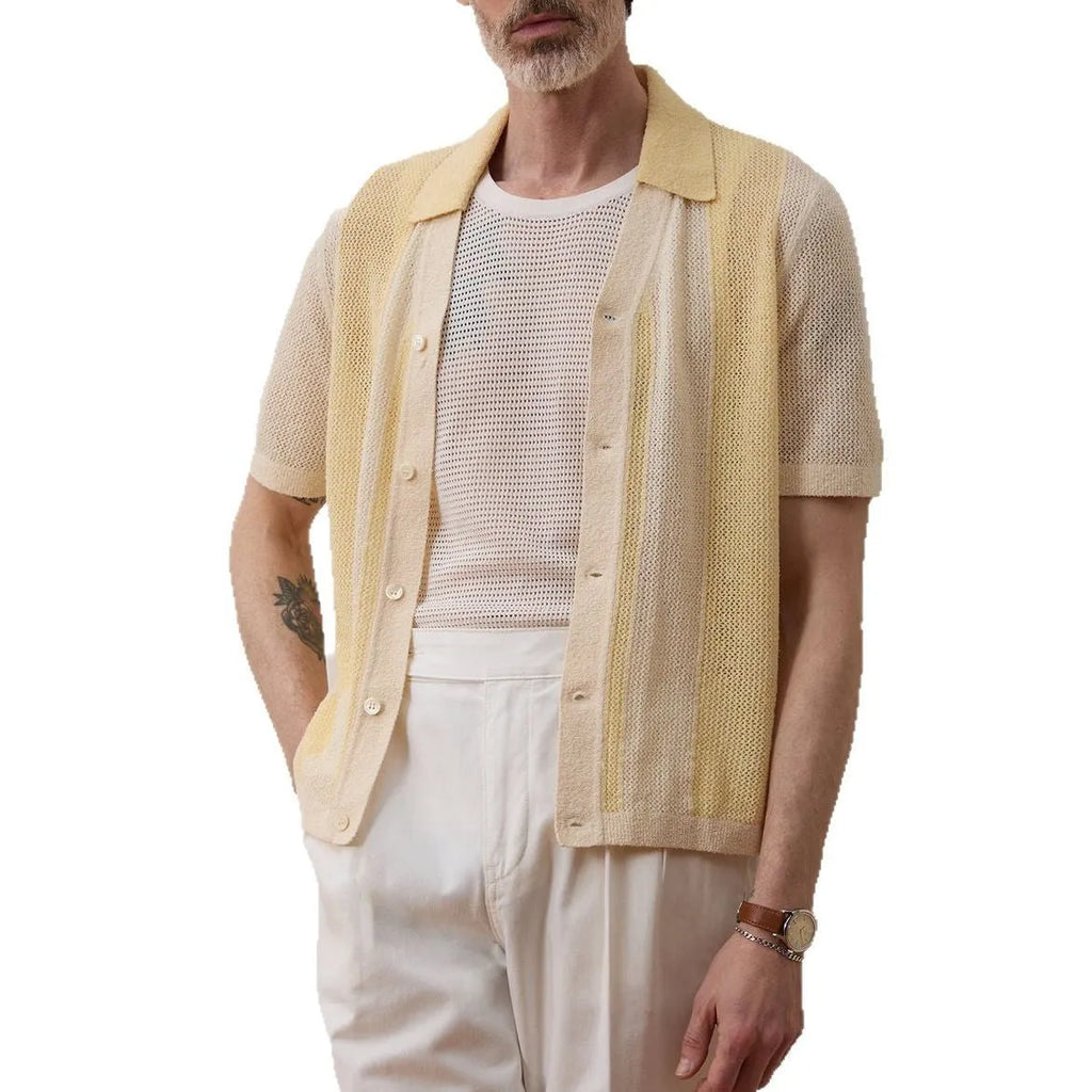 Yellow asymmetric casual polo shirt with hollow-out detail and short sleeves, made from Tencel fabric.