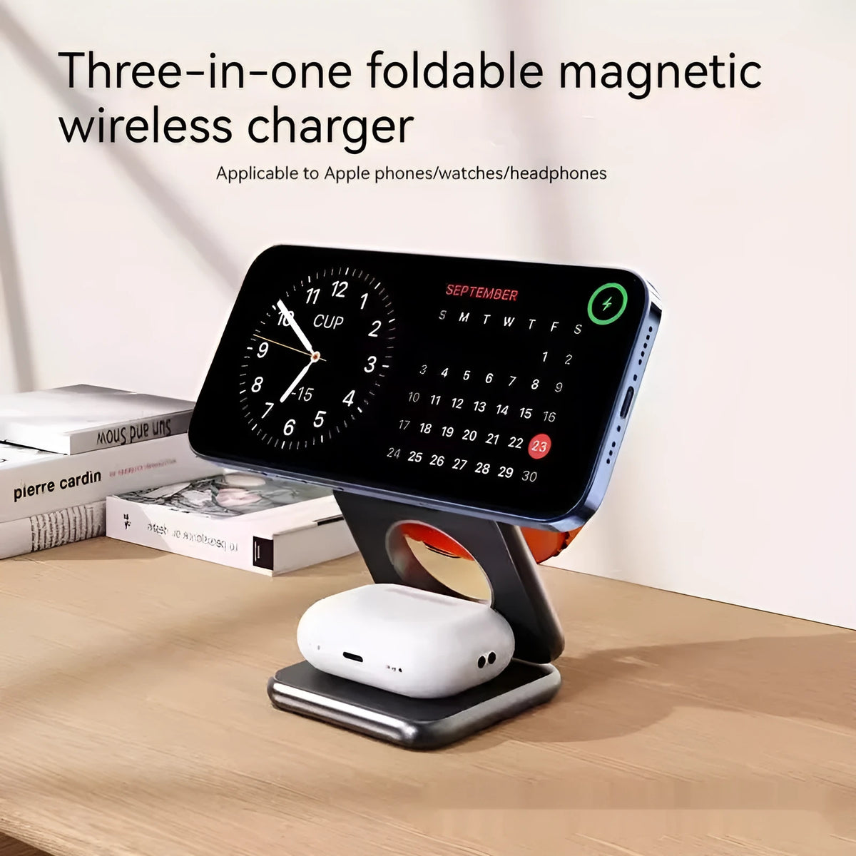 Foldable magnetic wireless charger mobile phone holder in black showing phone charging at viewing angle