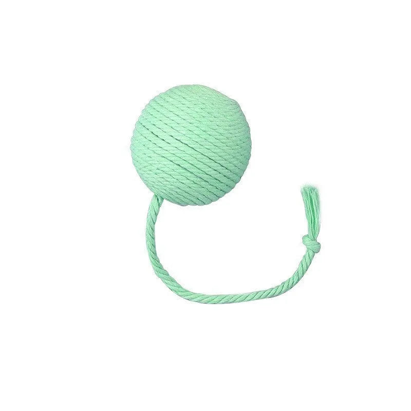 Colourful cat toy ball with rope attachment and internal bell for interactive kitten play