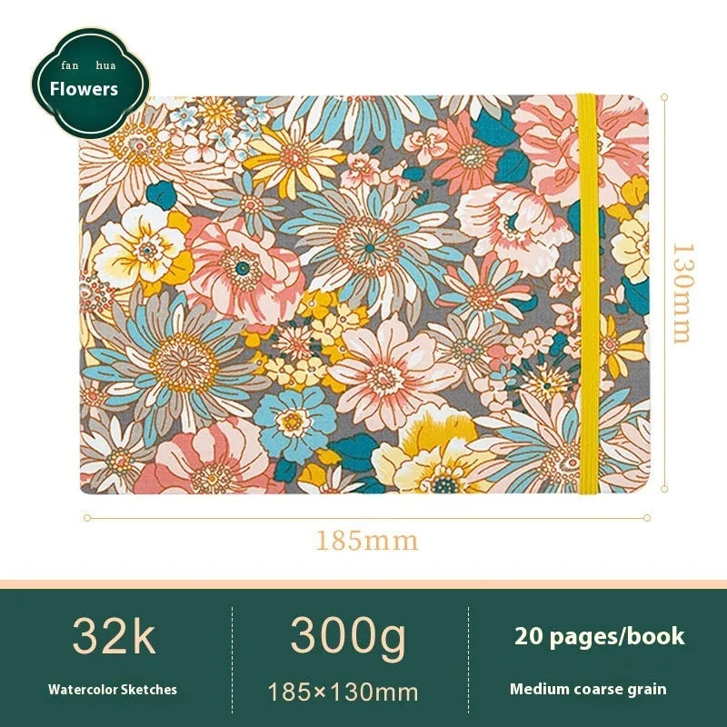 Feiluniao handmade fabric watercolour sketchbook with decorative cover, shown at 185mm length.