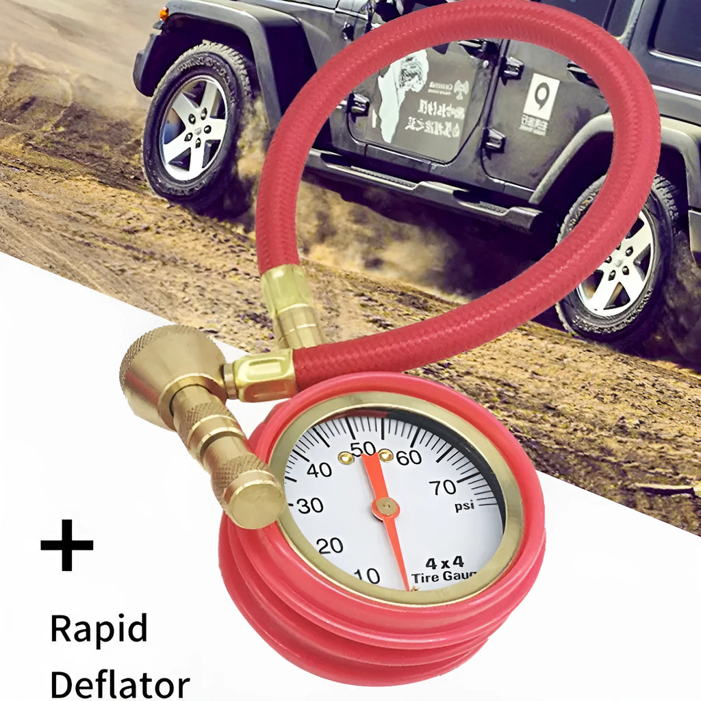 Mechanical tyre pressure gauge with metal body and rubber shell in three colour variants