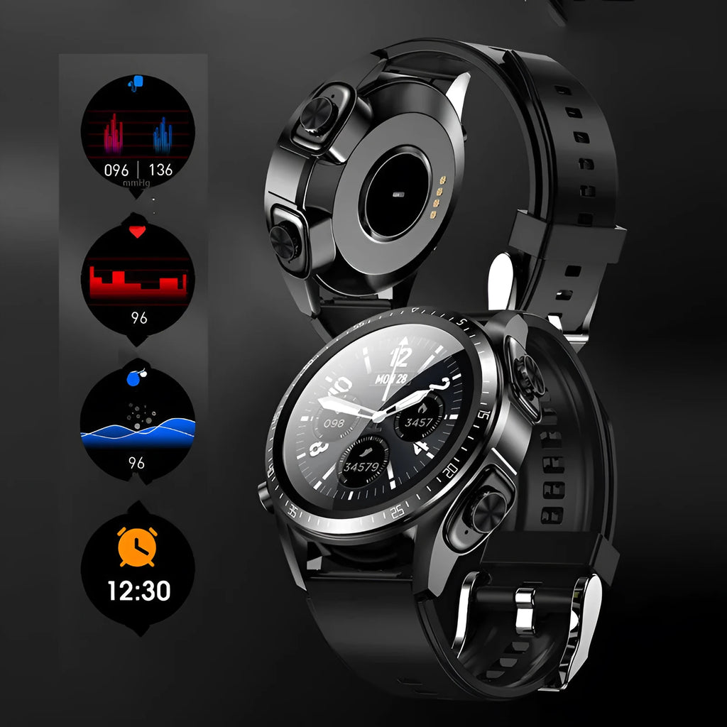 Black smart watch with blood pressure and oxygen monitoring on 1.28 inch screen