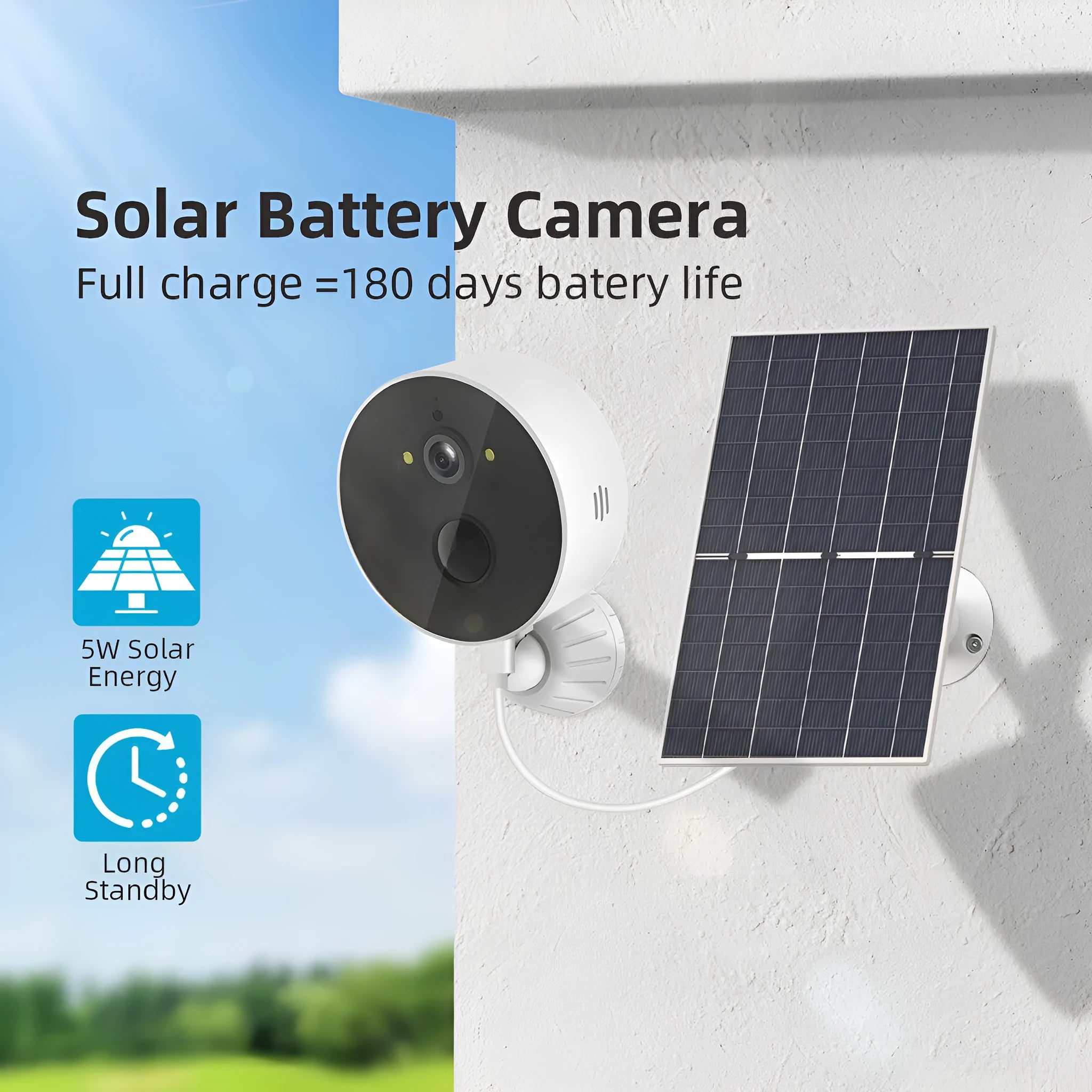 Outdoor solar-powered 1080P monitoring camera with solar panel for continuous battery charging