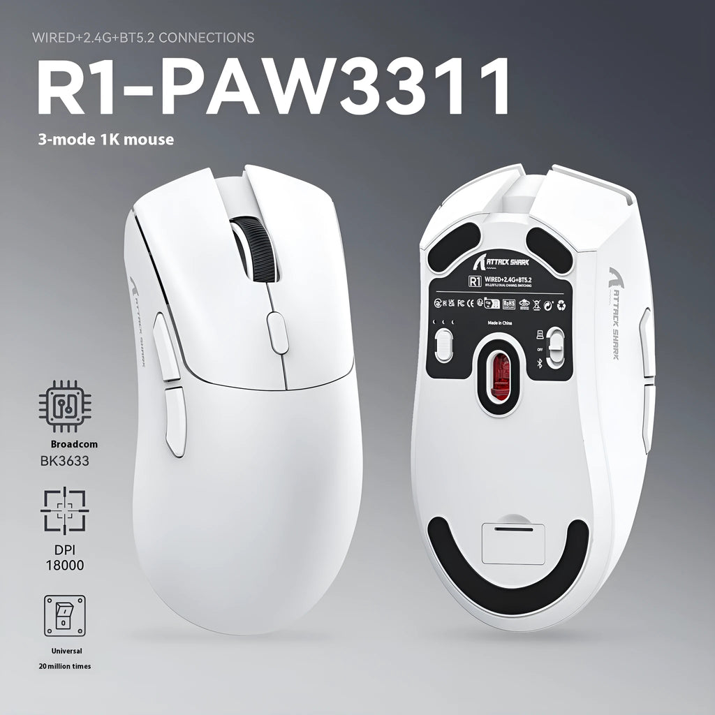 Attack Shark wireless gaming and office mouse in black, white, or red colour.