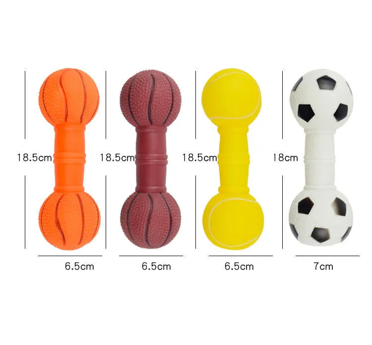 Brown, orange, white, and yellow PVC football dumbbell shaped squeaky dog chew toy.