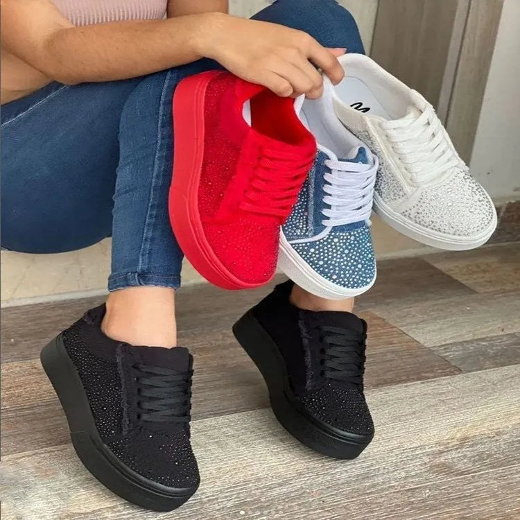 Plus size women's casual shoes with rhinestone details and lace-up front in multiple colour options