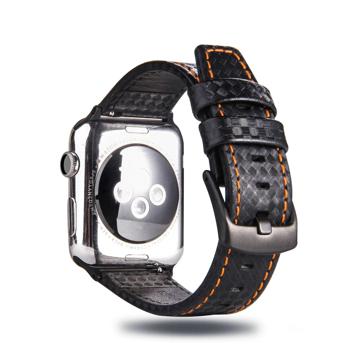 Carbon fibre patterned leather iPhone strap with matching PC hard shell case in red, black, orange, and blue.