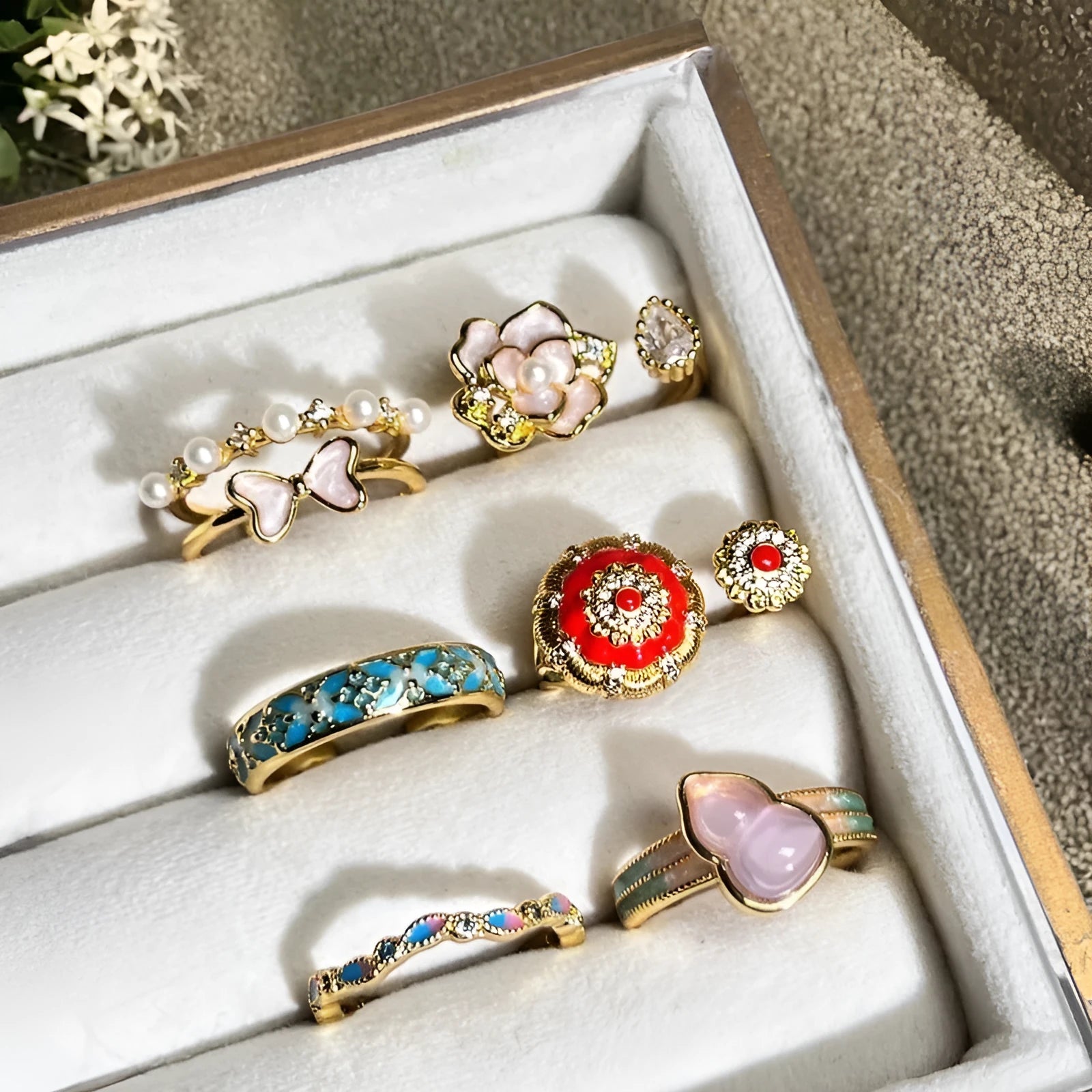 Adjustable vintage copper ring with gourd motif and inlaid zircon stones in New Chinese style.