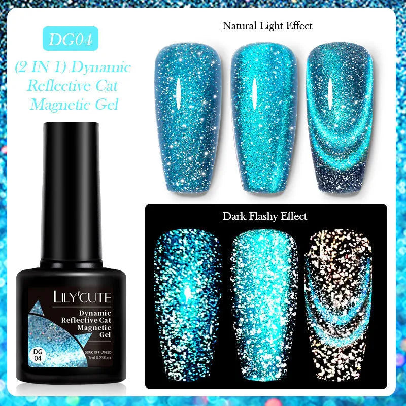 Cat eye series UV gel nail polish bottle with diamond glitter in one of six colour options.