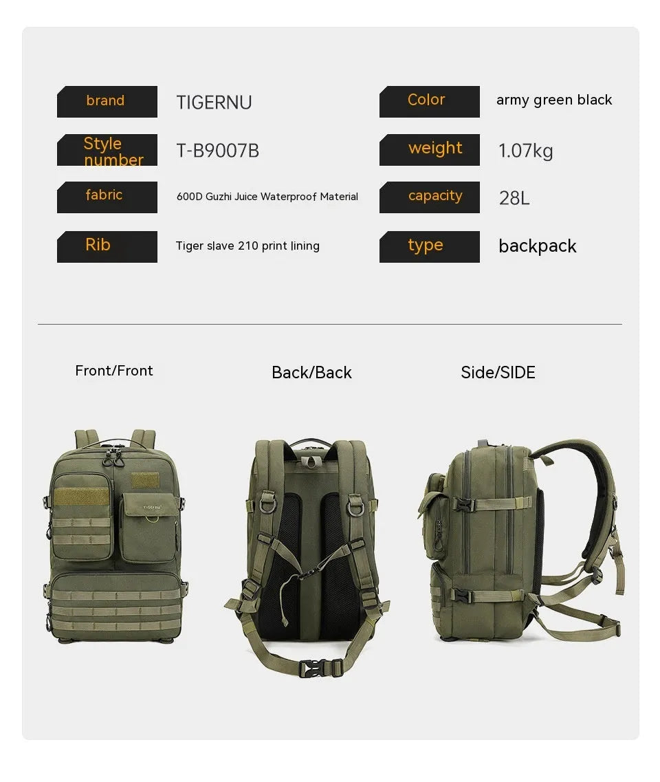 Army Green waterproof tactical backpack with 17-inch frame showing 20-35L capacity