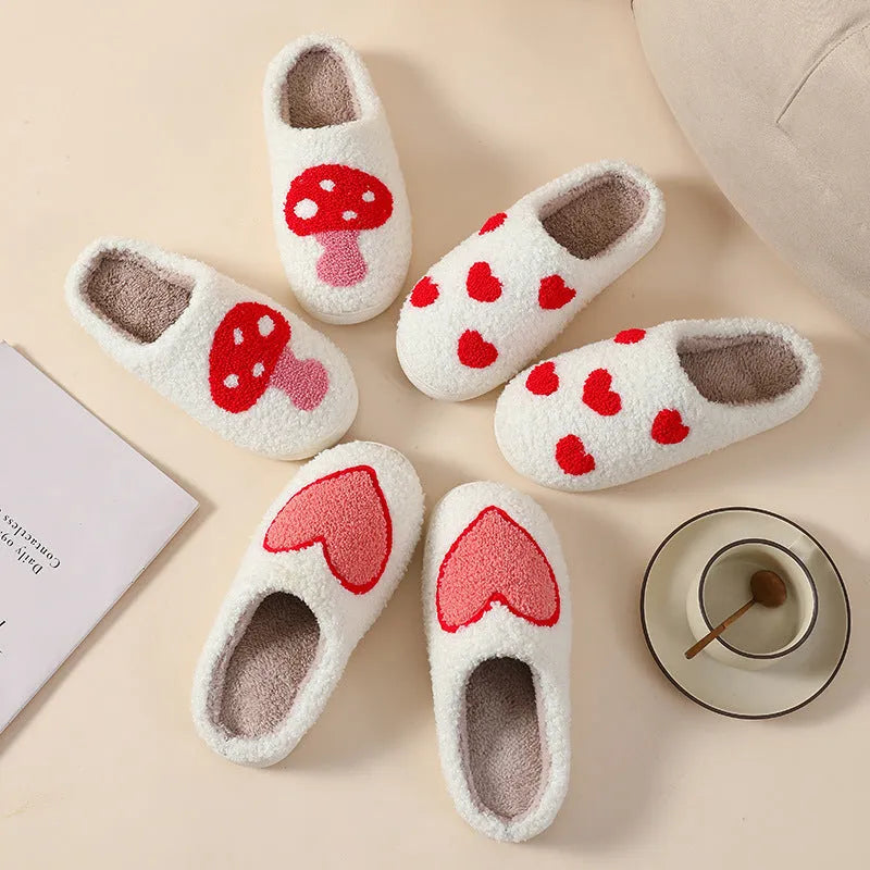 Women's plush cartoon love style slippers with non-slip PVC sole in Big Love pattern.