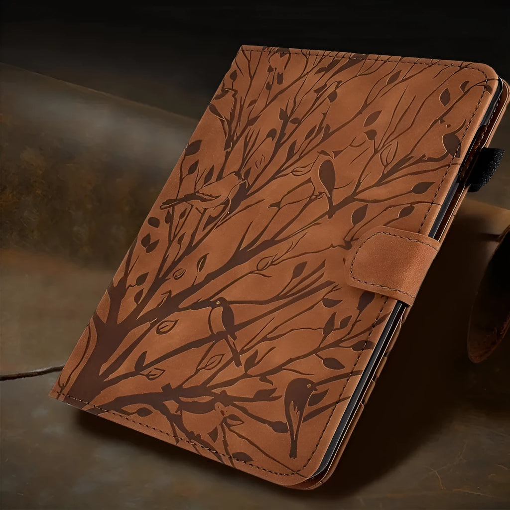 Imitation leather tablet case in khaki colour showing the adjustable stand opened for use.