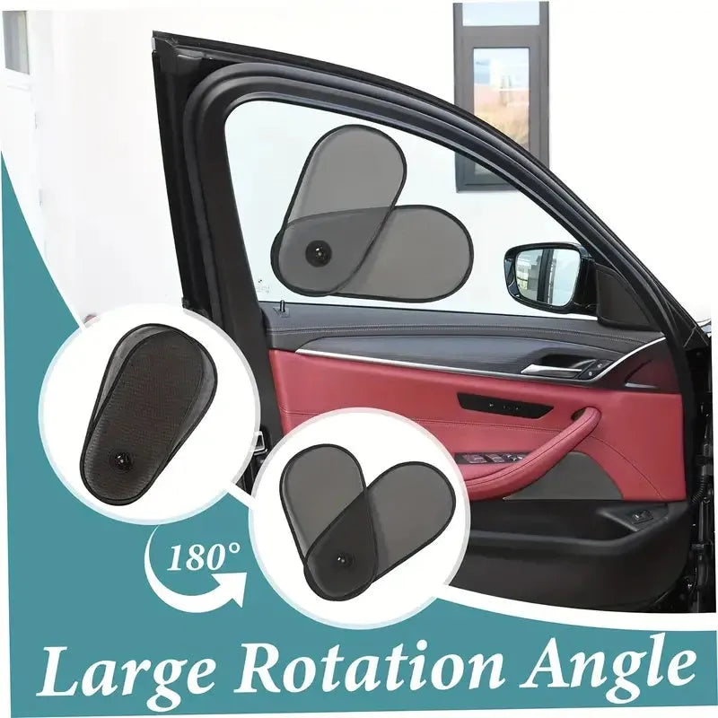 Black adjustable car window shade with suction cups stretched across vehicle side window