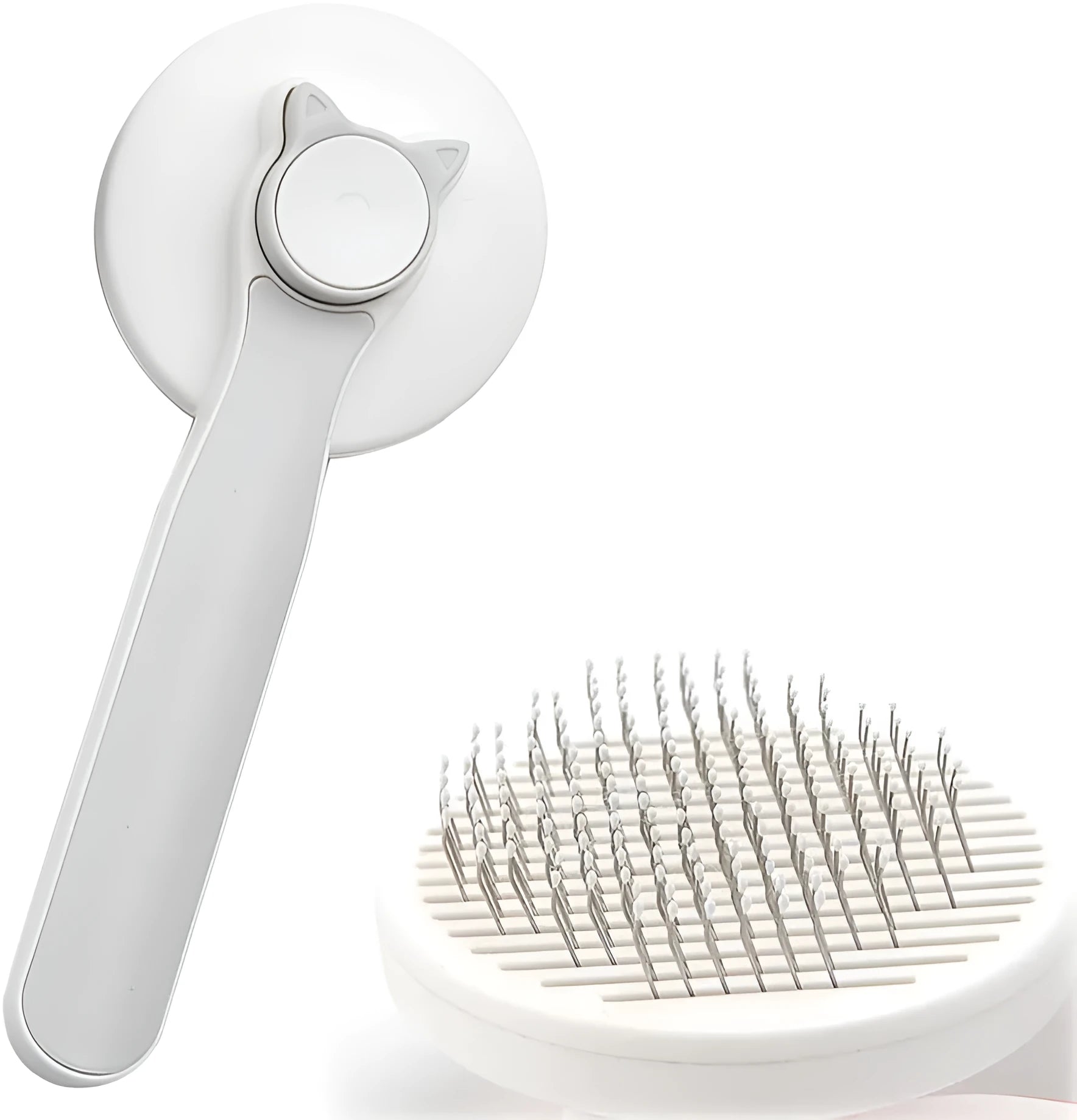 Blue self-cleaning cat grooming brush with rubber handle and round-tip needles.