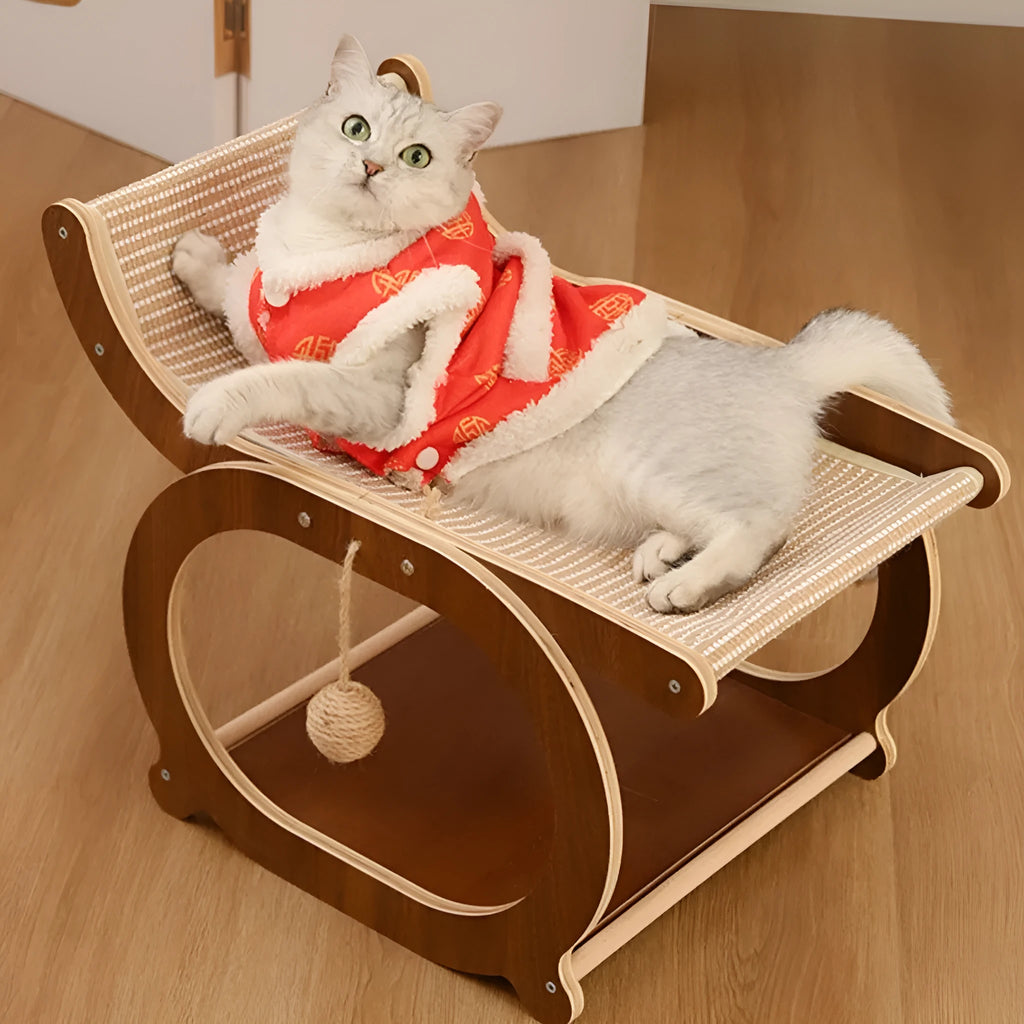 Solid wood sisal cat scratching mat bed in walnut colour with integrated lounger area