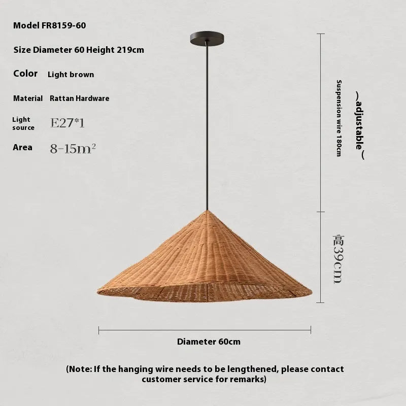 Natural rattan woven ceiling lamp with bamboo frame in Silent Wind style