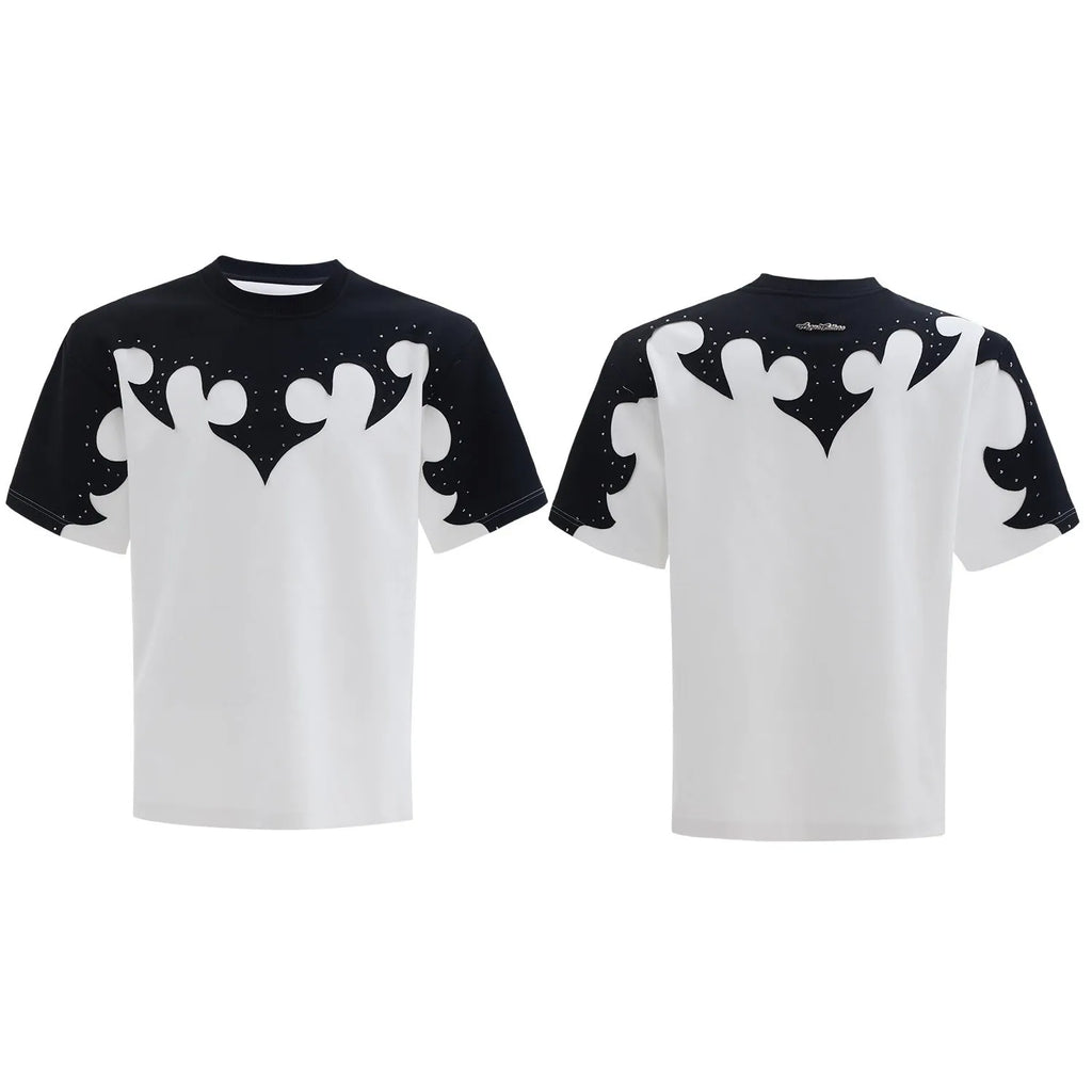 Men's red cotton T-shirt with three-dimensional stitching patterns and rhinestone detailing on front