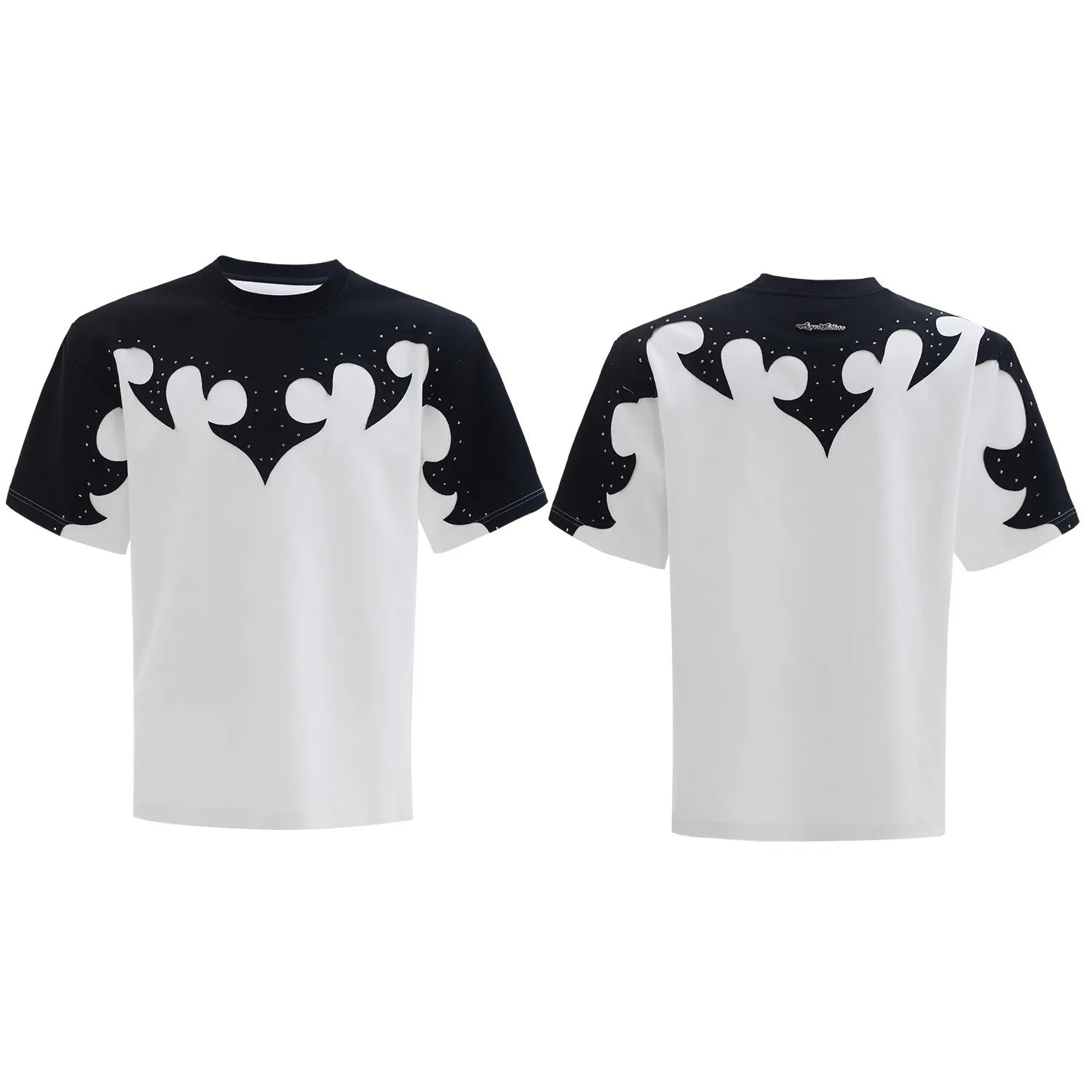 Men's red cotton T-shirt with three-dimensional stitching patterns and rhinestone detailing on front