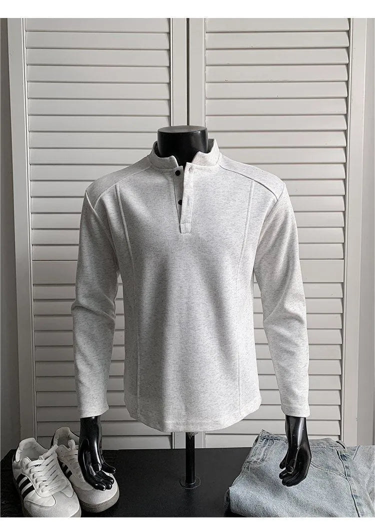 Men's patchwork stand-up collar sweater shoulder polo shirt in Chinese cotton fabric