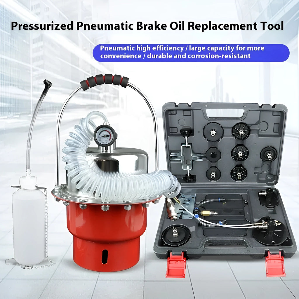 Pneumatic brake fluid replacement machine with 10 litre tank, pressure gauge and manual regulator
