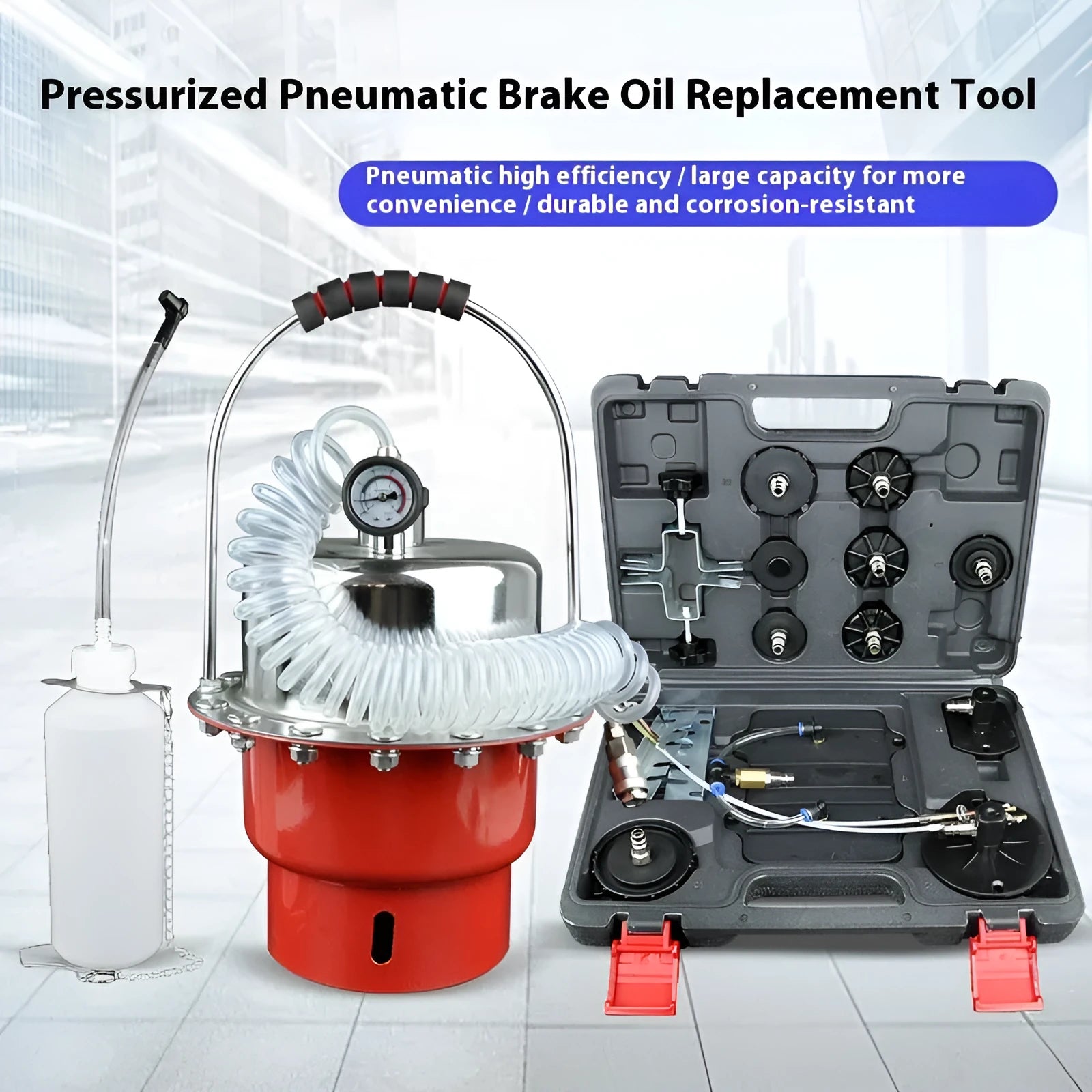 Pneumatic brake fluid replacement machine with 10 litre tank, pressure gauge and manual regulator