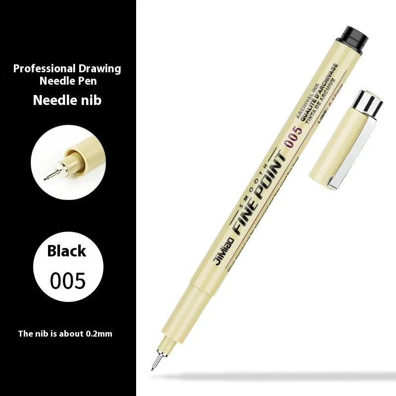 Black needle tip drawing pen with cartoon syringe and hook line artwork on a 133mm plastic barrel.