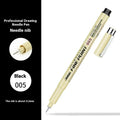 Black needle tip drawing pen with cartoon syringe and hook line artwork on a 133mm plastic barrel.