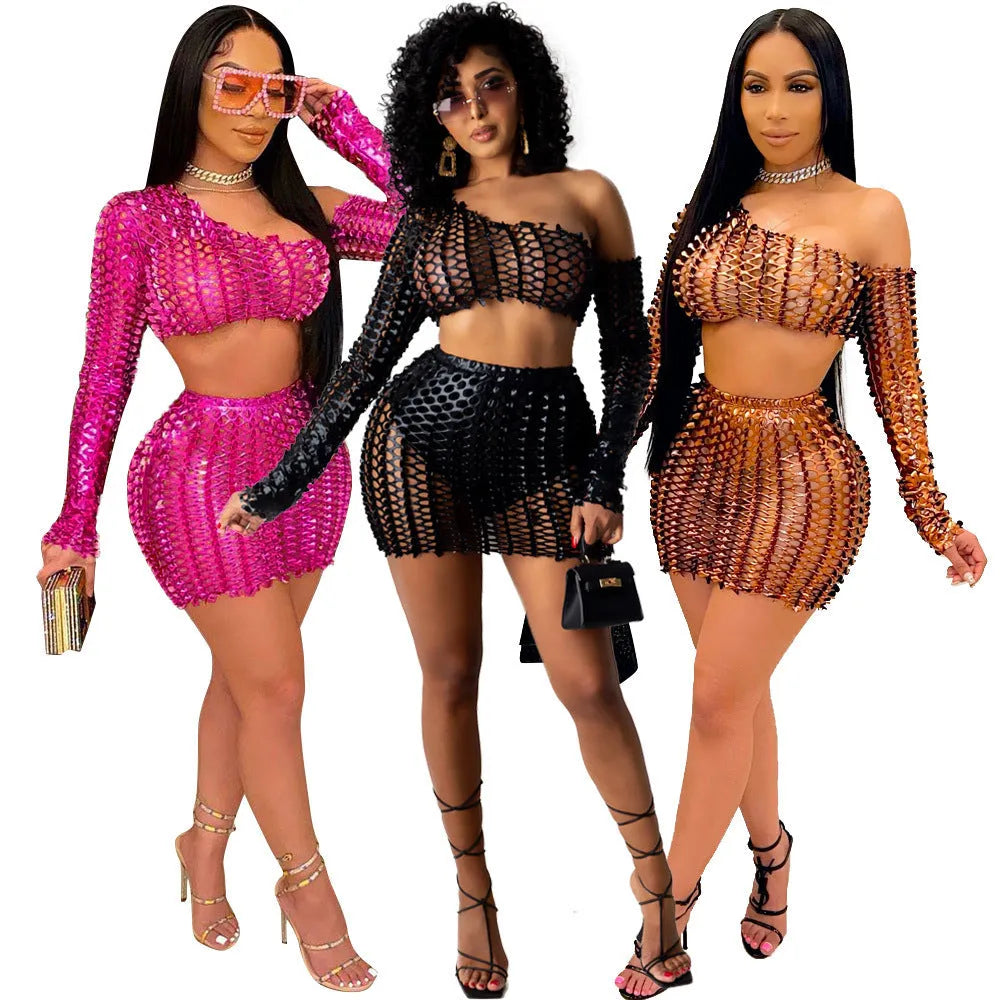 Women's hollow-out two-piece dress set with net hole detailing in four colours