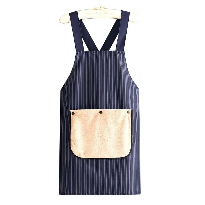 Waterproof polyester kitchen apron in free size showing colour options including black, dark blue, coffee and purplish blue
