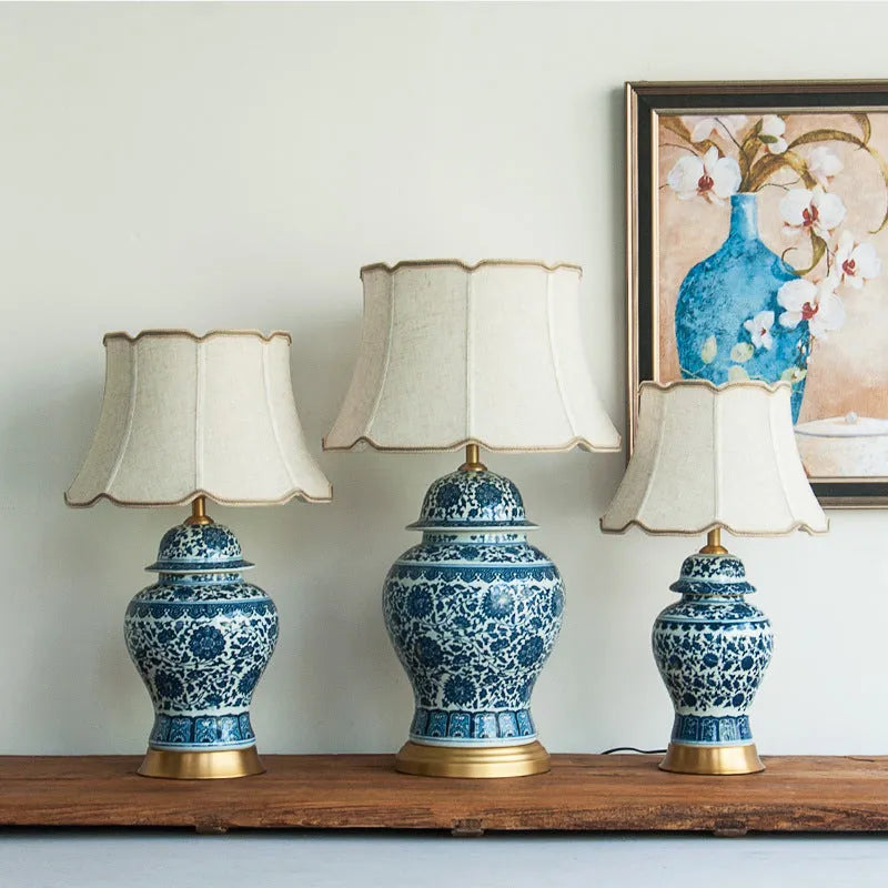 Chinese blue and white porcelain table lamp with handmade ceramic shade and copper base