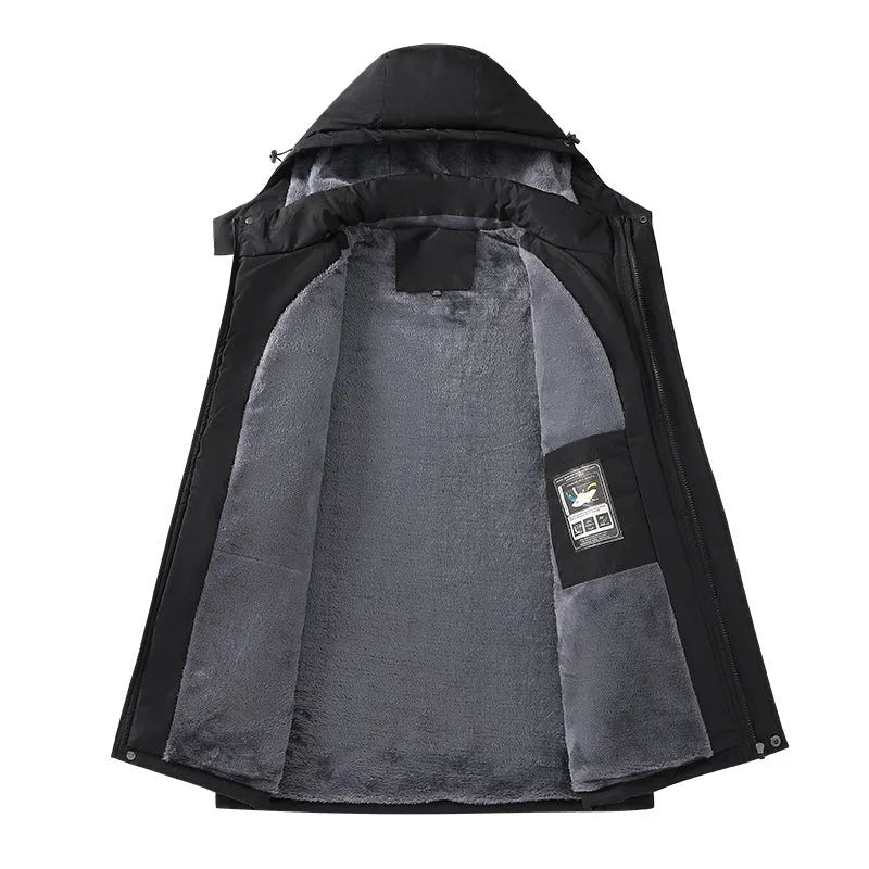 Men's plus size hooded winter coat in Army Green polyester, showcasing front zip and hood.
