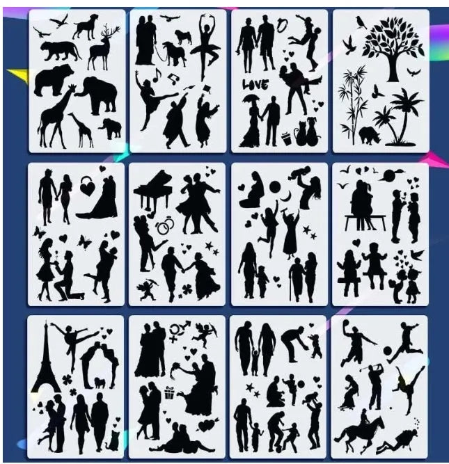 White plastic drawing stencil template for tracing animals, shapes, and vehicle patterns