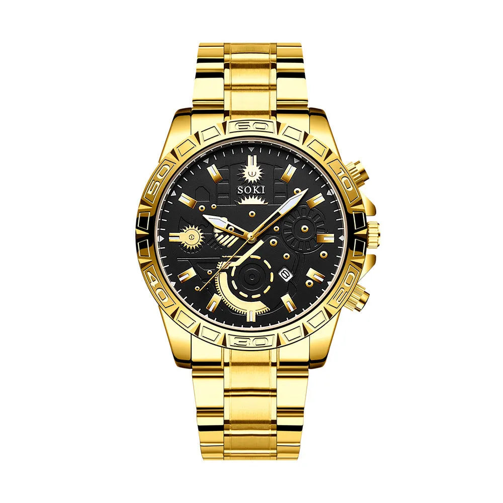 Men's gold-coloured business quartz watch with stainless steel strap on wrist