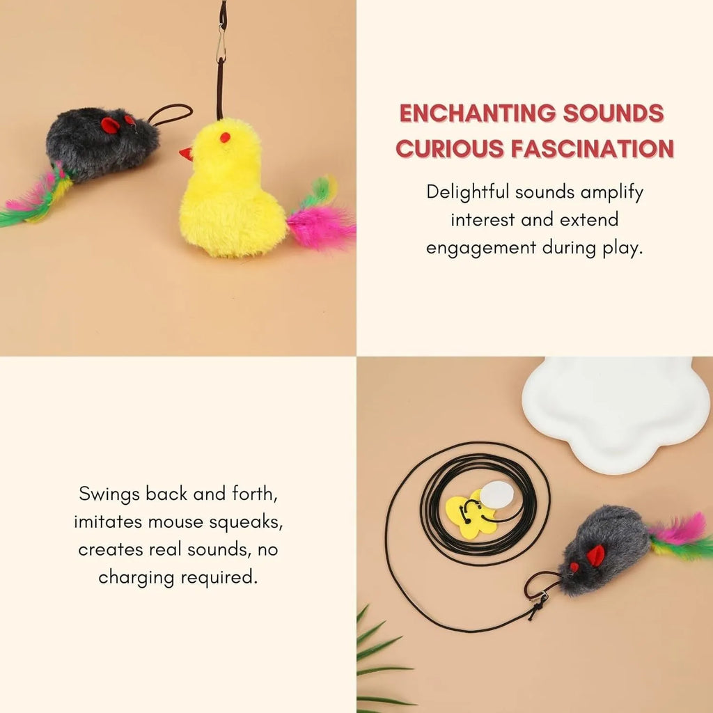 Interactive cat toy hanging from door frame with elastic rope and dangling mouse toy