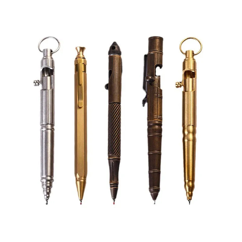 Solid brass bolt-action tactical pen showing its retro design and metallic finish.