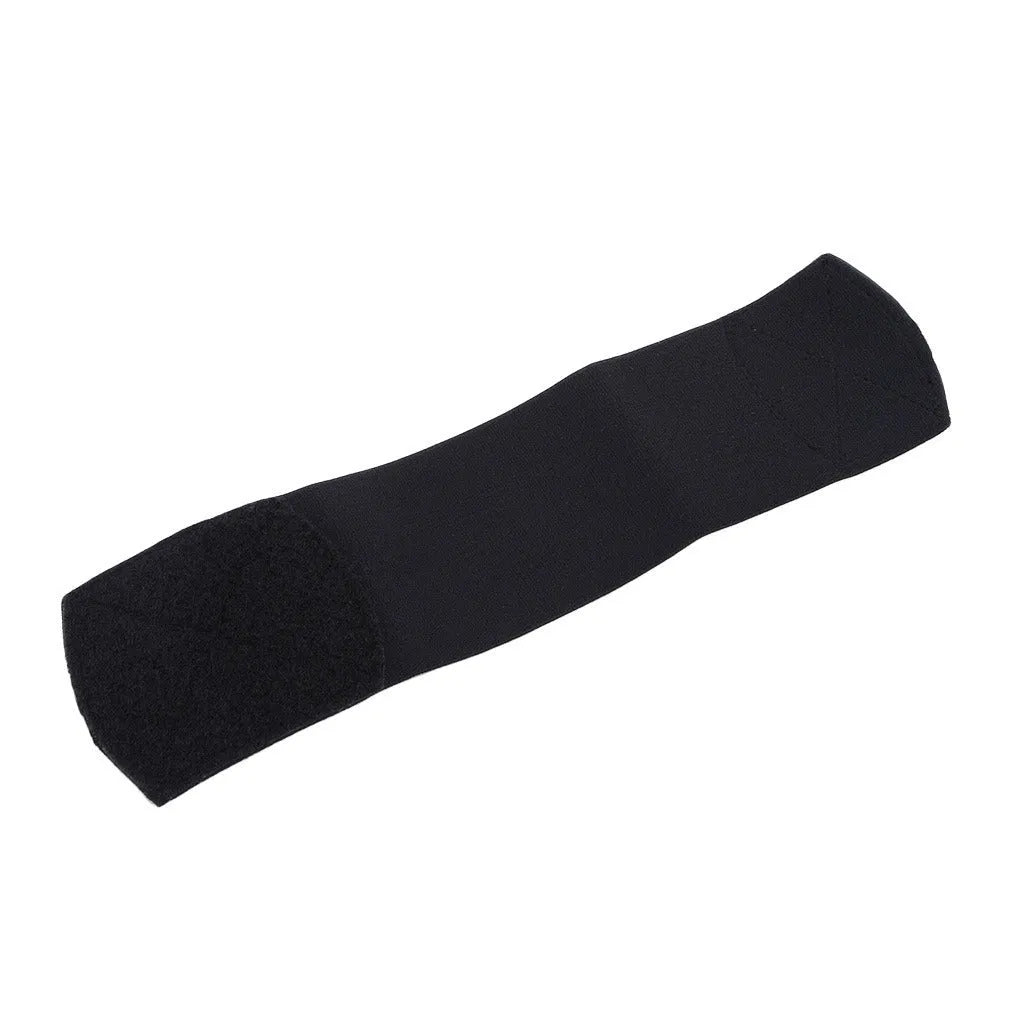 Red elastic rubber strap for securing football shin guards, shown next to shin pad