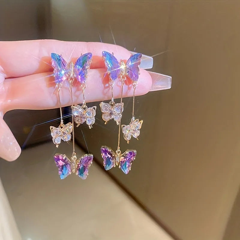 Silver needle blue purple butterfly tassel earrings with crystal flowers for women