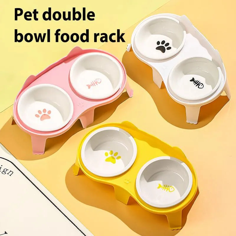 Blue ceramic tilted cat food and water bowls on a white ABS stand with a hook for a water bottle.