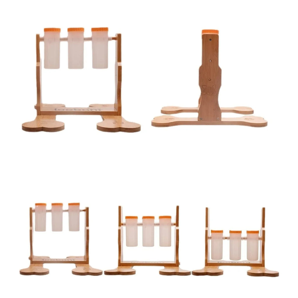 Wooden dog puzzle feeder with multiple compartments measuring 31×30×20cm